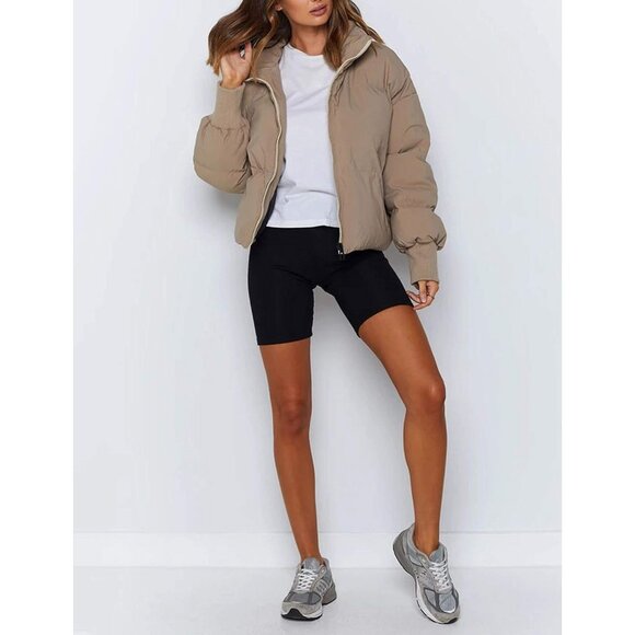 Women's Puffer Jacket Oversized Cropped Puffy Quilted Winter Jackets Coat Khaki - Picture 6 of 8